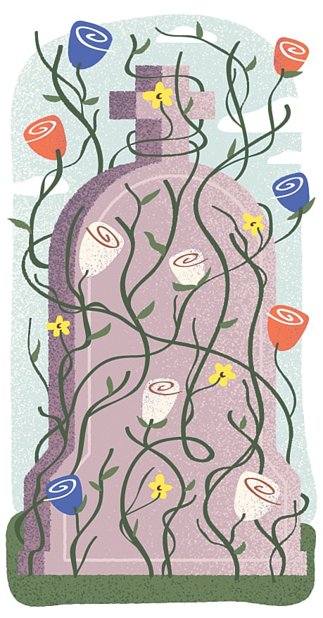 Illustration of a cemetery transformed into a park with flowering vines and blooming flowers growing over grave markers.