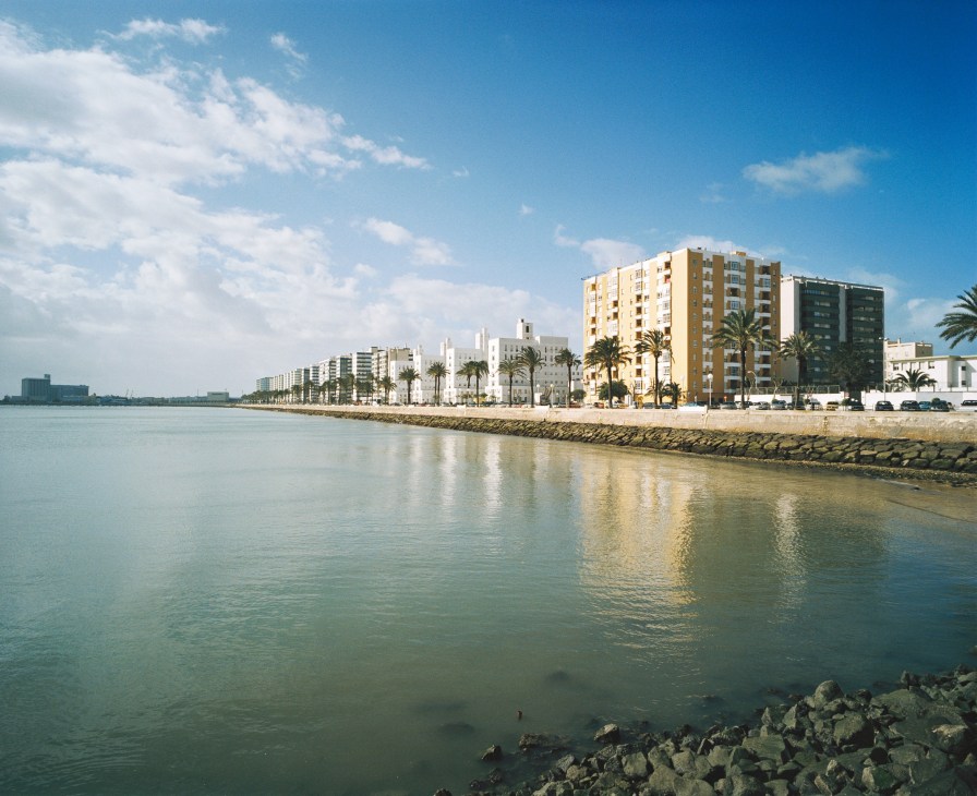Cadiz waterfront with modern apartment buildings and palm trees along the Atlantic coast.