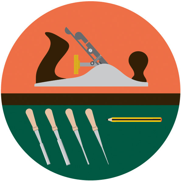 Illustration of woodworking tools including a plane, chisel, and wooden peg against an orange and teal circular background.