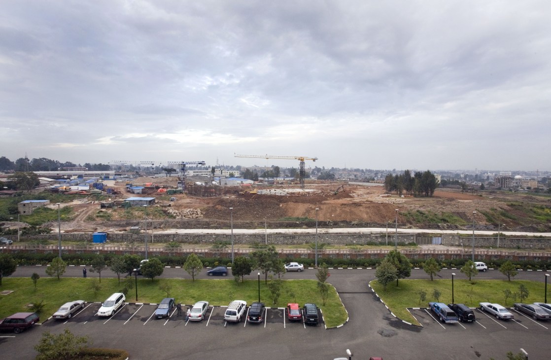 Construction site with steel girders and cranes for the new African Union headquarters in Addis Ababa.