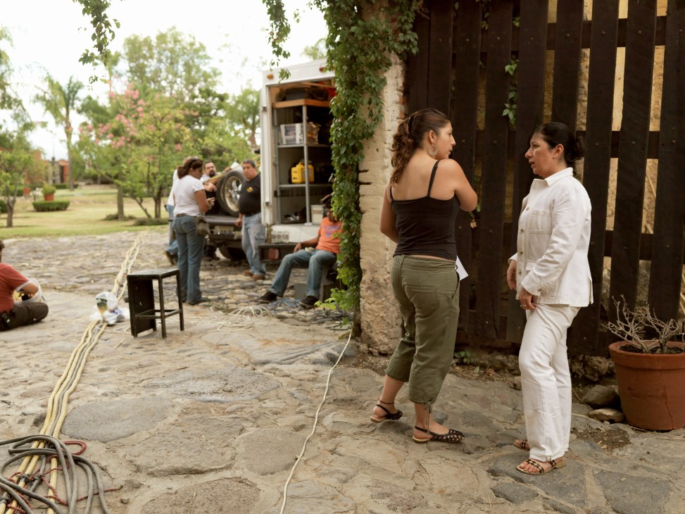 Producer Angeles Morales Ordorica in white jacket on the set of Tequila film in Jalisco, Mexico.