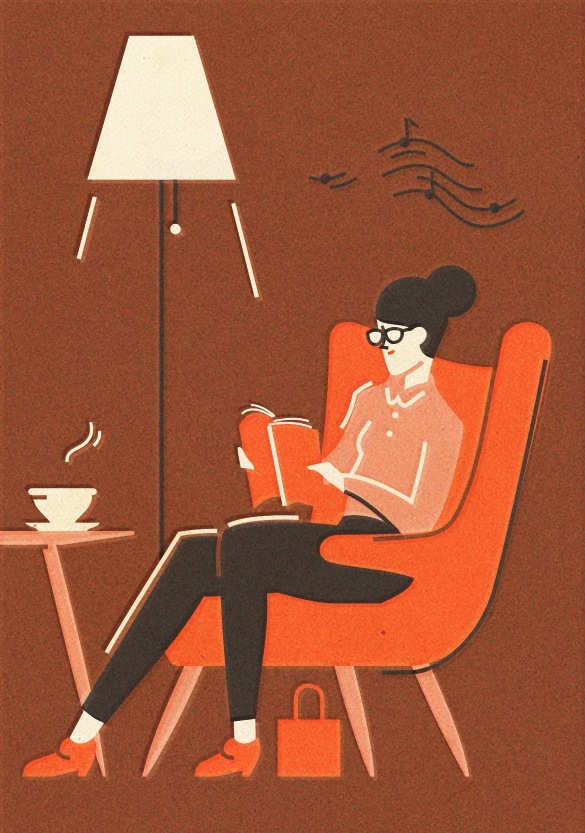 Illustration of a woman sitting in an orange chair reading a book under a lamp.