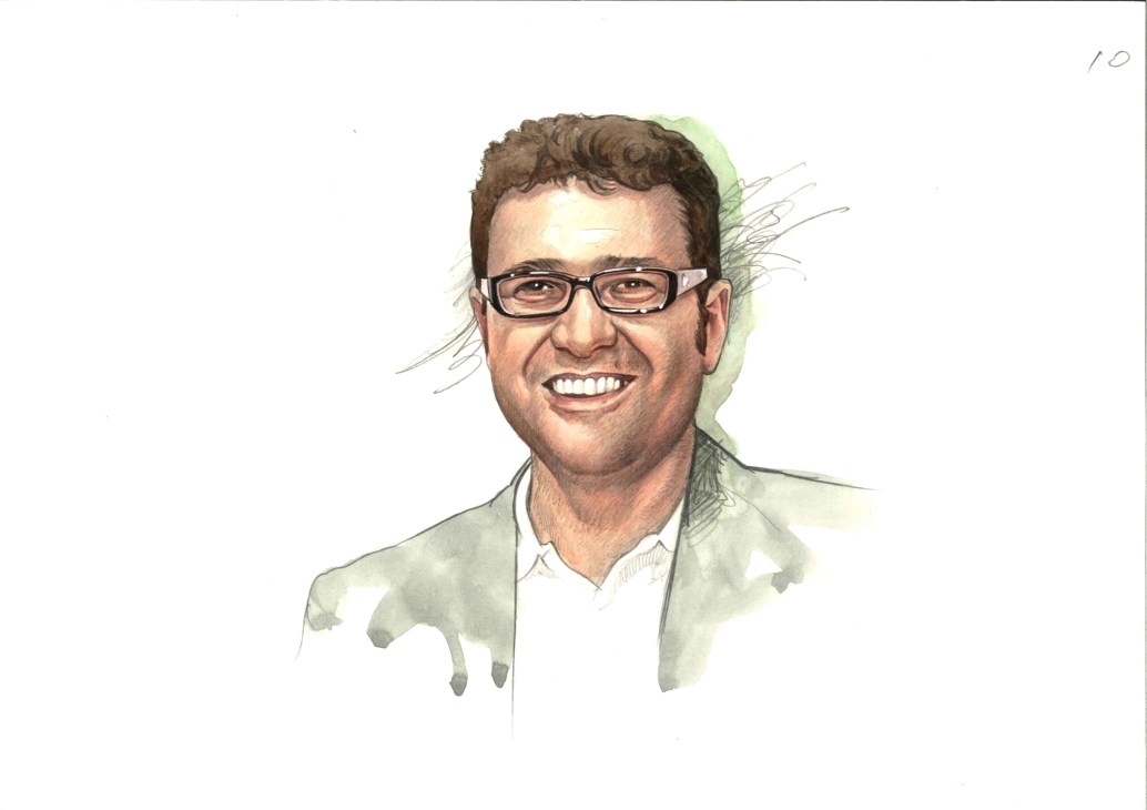 Watercolor portrait illustration of Jack Persekian, artistic director wearing glasses and a light jacket.