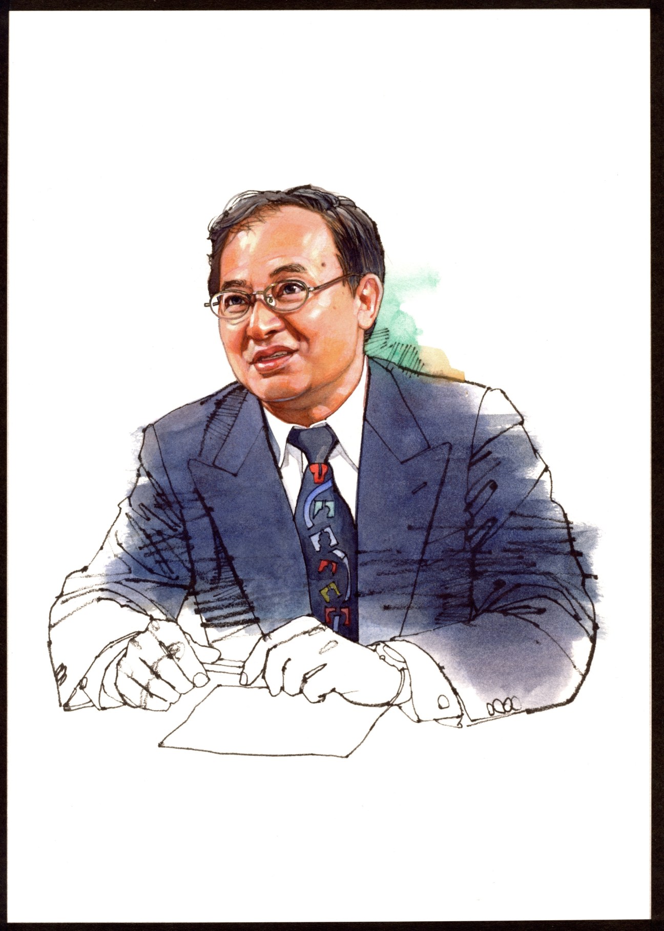 Illustration of Fram Kitagawa, a bespectacled man in a blue suit with patterned tie, seated at a desk.