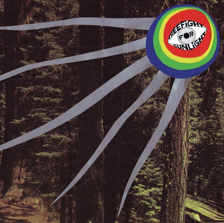 Album cover for Treefight for Sunlight featuring a colorful eye logo and forest background with geometric lines.