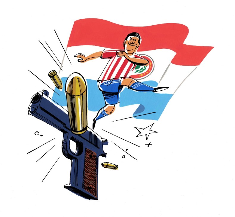 Illustration of a footballer kicking a ball with a handgun and Paraguay flag in background.