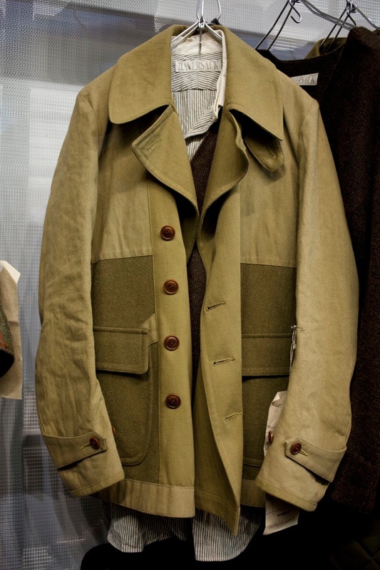 Haver Sack country house jacket in tan and olive wool with large collar and patch pockets.