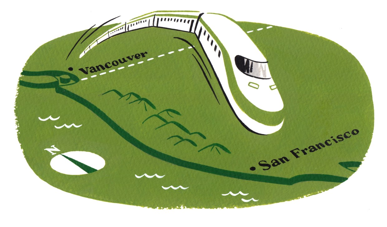Illustration of a high-speed train connecting Vancouver and San Francisco along the western seaboard.