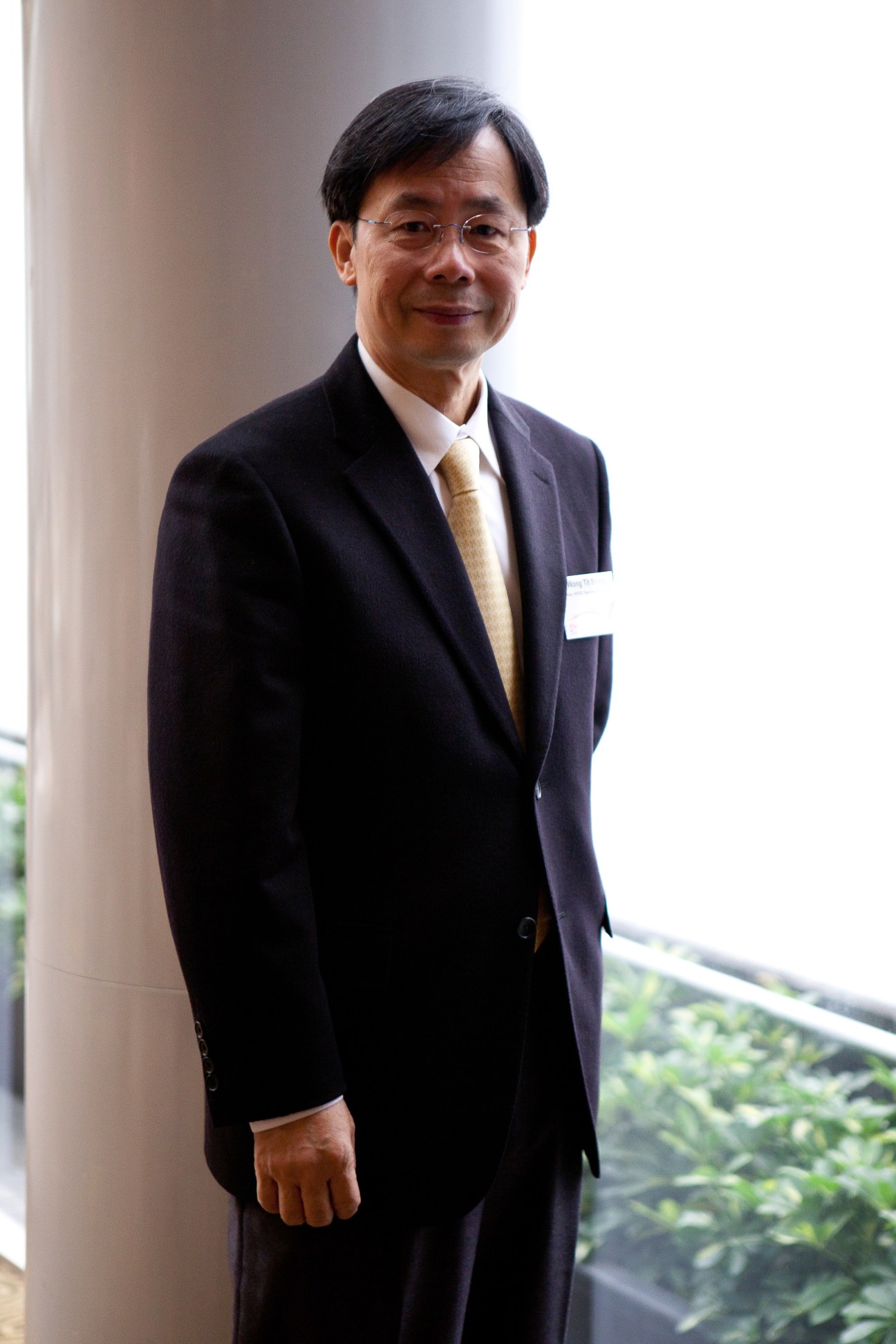 TS Wong, chairman of HKTDC, wearing a dark suit and gold tie, standing by a window.