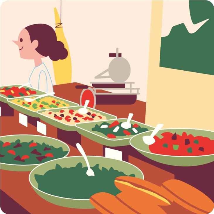 Illustration of a woman in a kitchen with various salad bowls and cooking equipment.