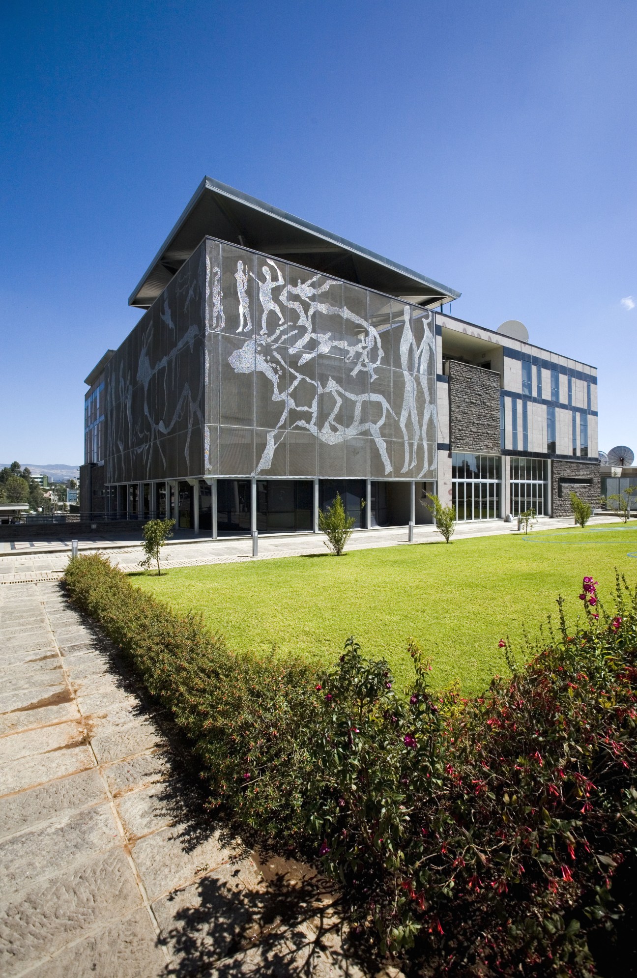 South African embassy building with abstract Kalahari bushmen motif facade in Addis Ababa.