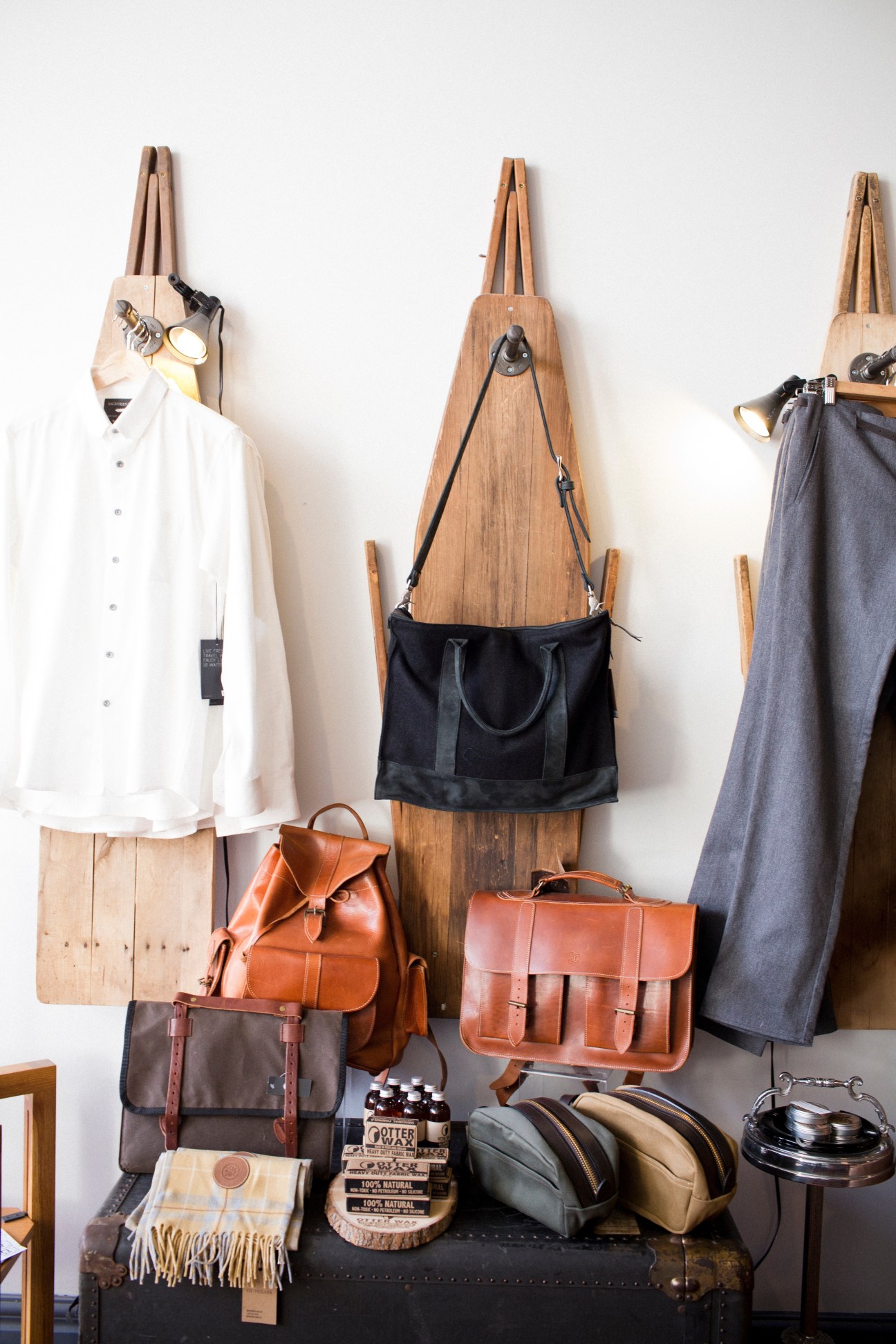 Display of clothing and leather goods at The Future of Frances Watson shop in Toronto.