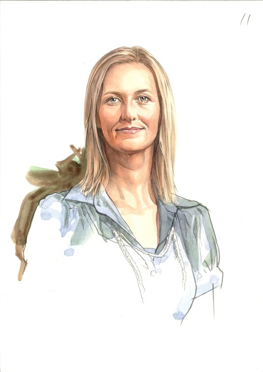 Portrait illustration of a woman with long blonde hair wearing a light blue shirt with a green scarf and holding a plant stem.