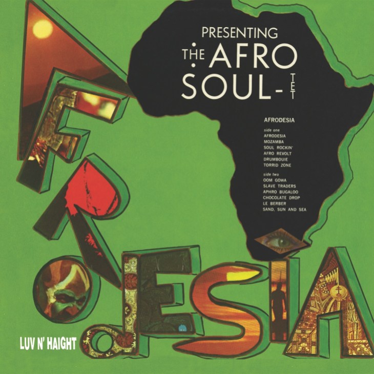 Album cover for The Afro Soul-tet's Afrodesia featuring stylized African map and vibrant retro design.