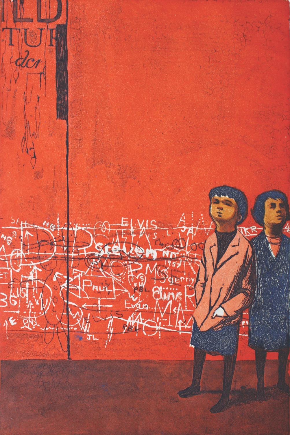 Two figures standing against a red wall covered with graffiti and text in an urban setting.
