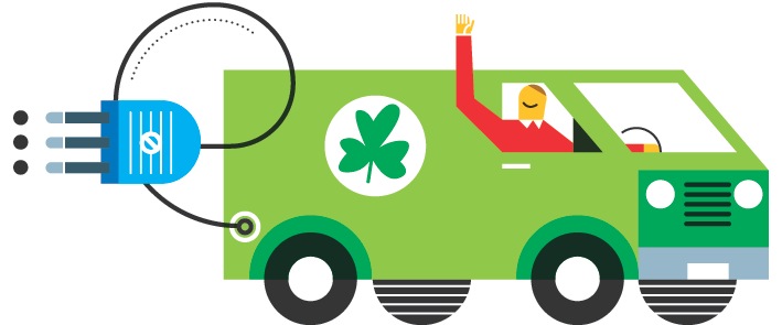 Illustration of a green van with a shamrock logo and charging cable, representing Ireland's electric vehicle incentive program.