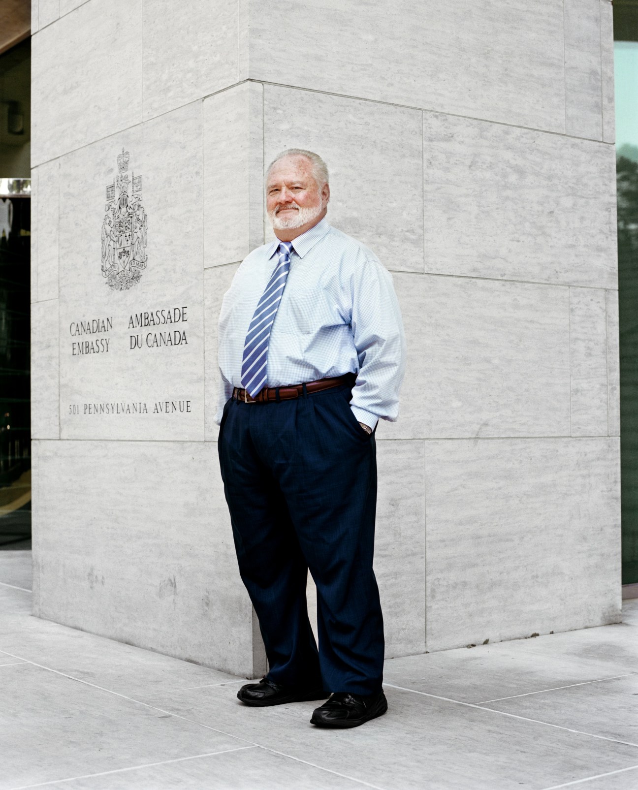 Glen Bullard stands outside the Canadian Embassy building on Pennsylvania Avenue in Washington, DC.