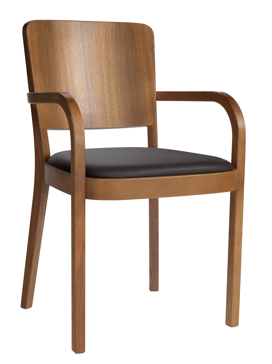 Wooden armchair with curved back and black seat cushion from Horgenglarus.