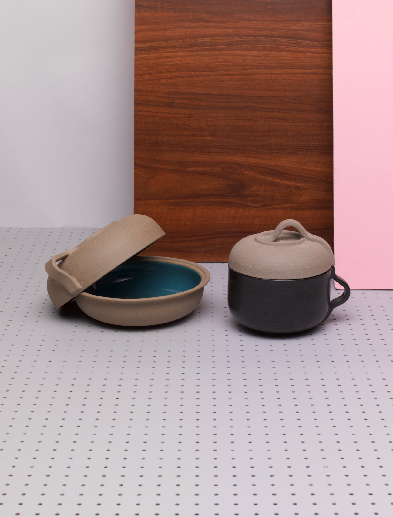 Les Guimards double-handled bowls with enamelled interiors in blue and natural grey exterior clay.
