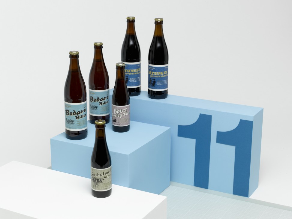 Five bottles of Nyab Swedish craft beer displayed on a blue block labeled '11'.
