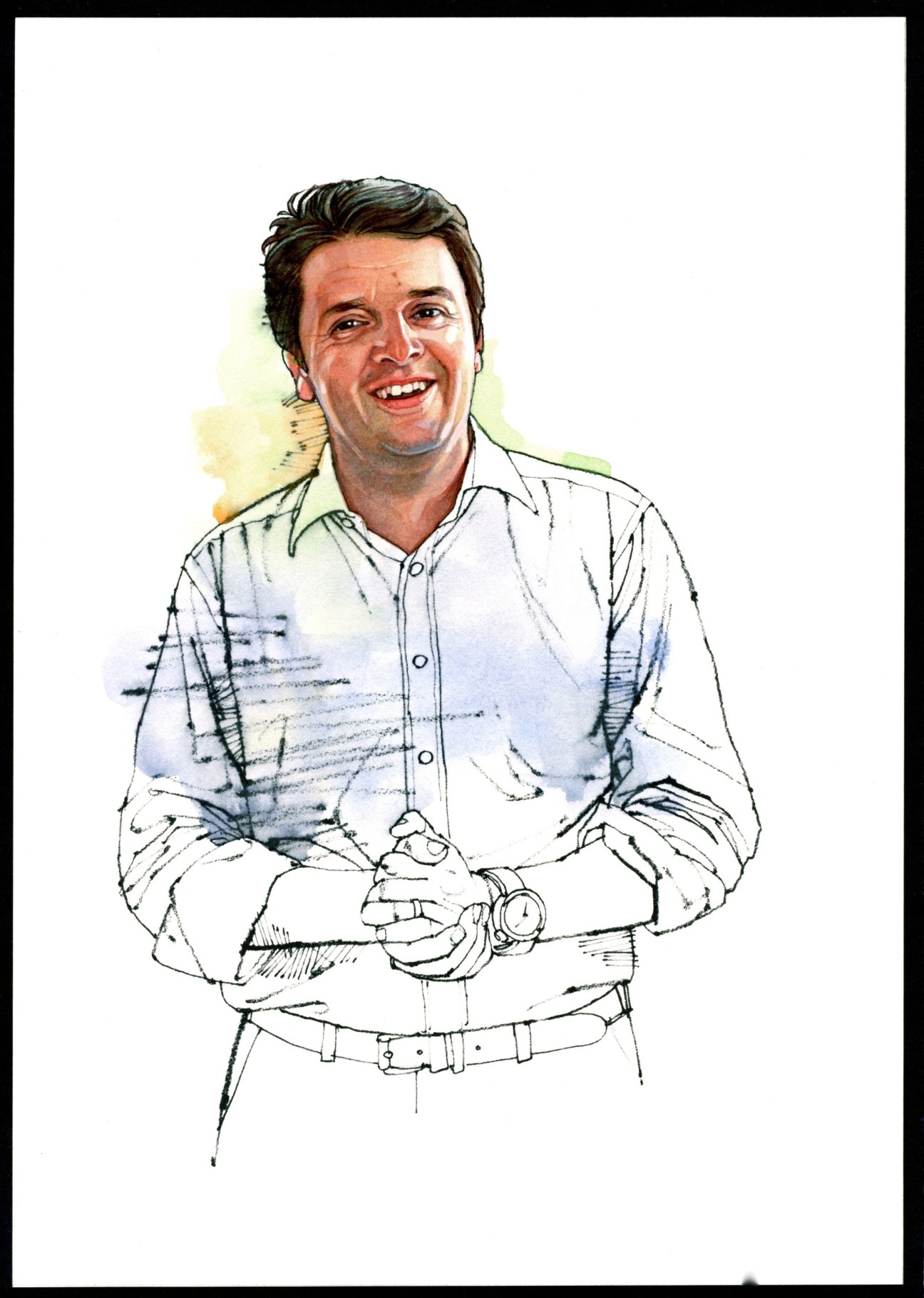 Portrait illustration of Matteo Renzi, Mayor of Florence, smiling in a light blue shirt.