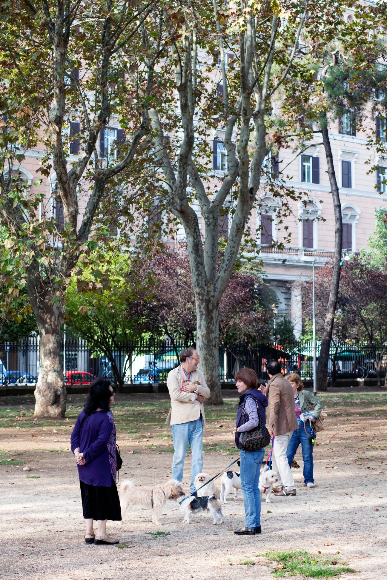 Dog walkers gather with their pets beneath tall trees in a park at Piazza Vittorio in Rome's Esquilino neighborhood.