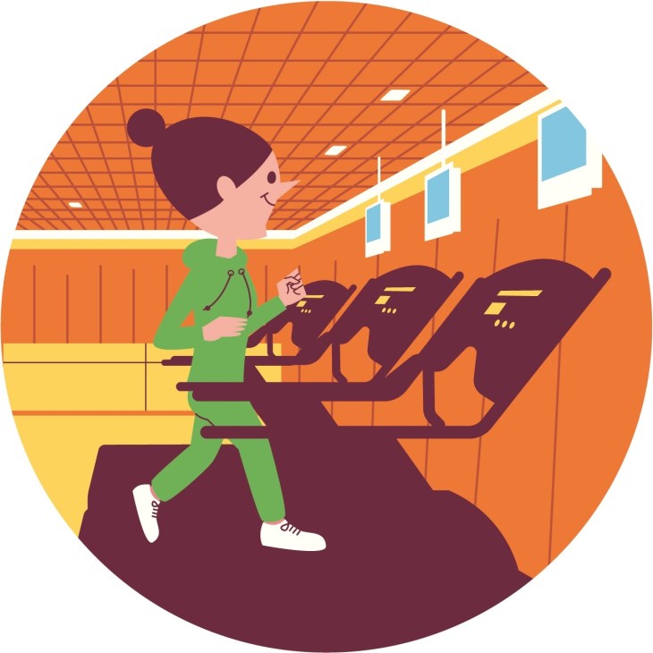 Illustration of a woman running on a treadmill in a bright, well-lit gym with orange walls and gridded ceiling.