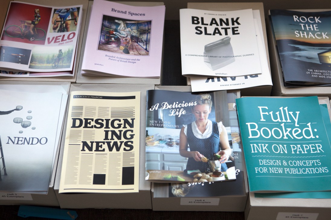 Collection of Gestalten art and design books displayed on shelves, including titles on design, photography, and visual culture.