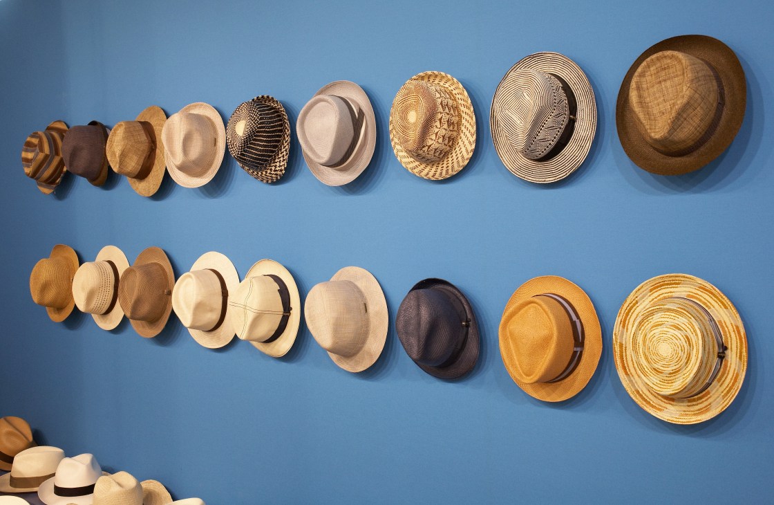 Collection of Borsalino hats in various styles and colors arranged on a blue wall.
