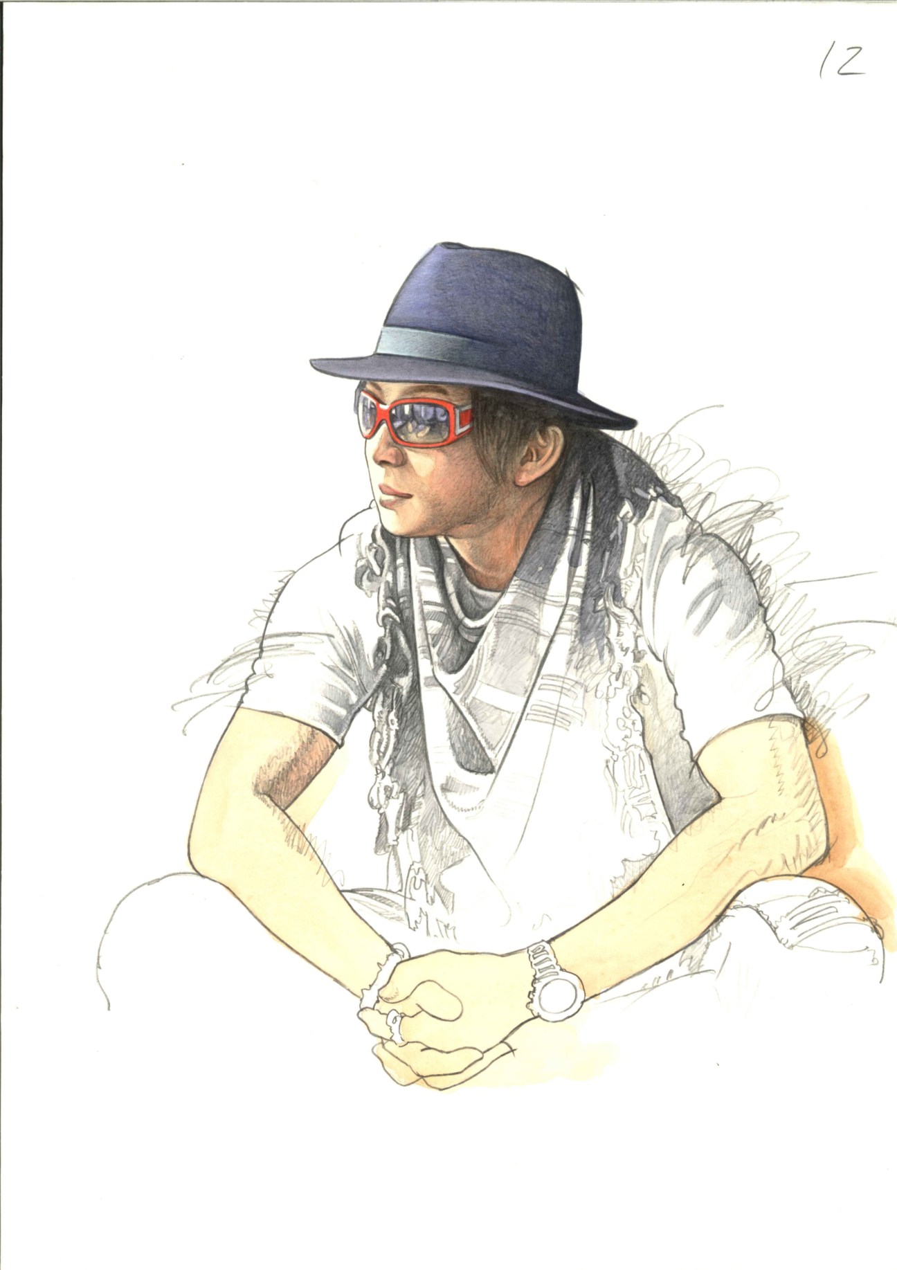 Illustration of DJ Deckstream wearing a navy hat, red-framed glasses, and yellow shirt with layered scarves.