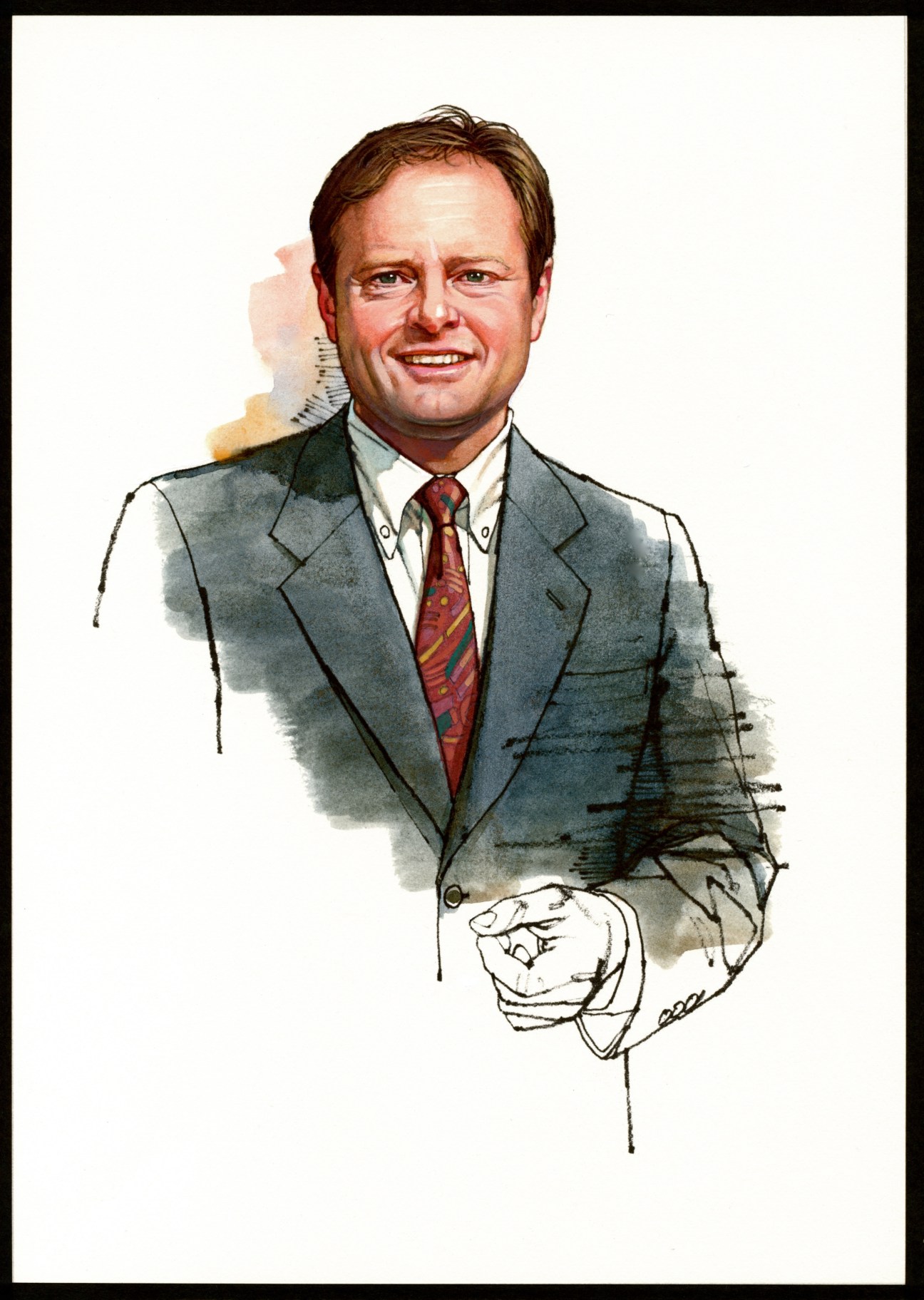 Illustration of Dr Ken Menkhaus, a man in a grey blazer and red tie, smiling against a white background.