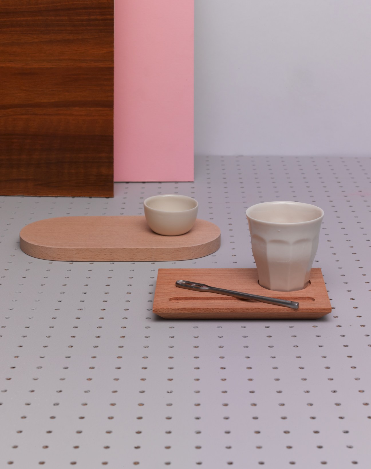Le Petit Atelier de Paris handmade ceramic coffee and eggcup set with wooden trays and spoon.