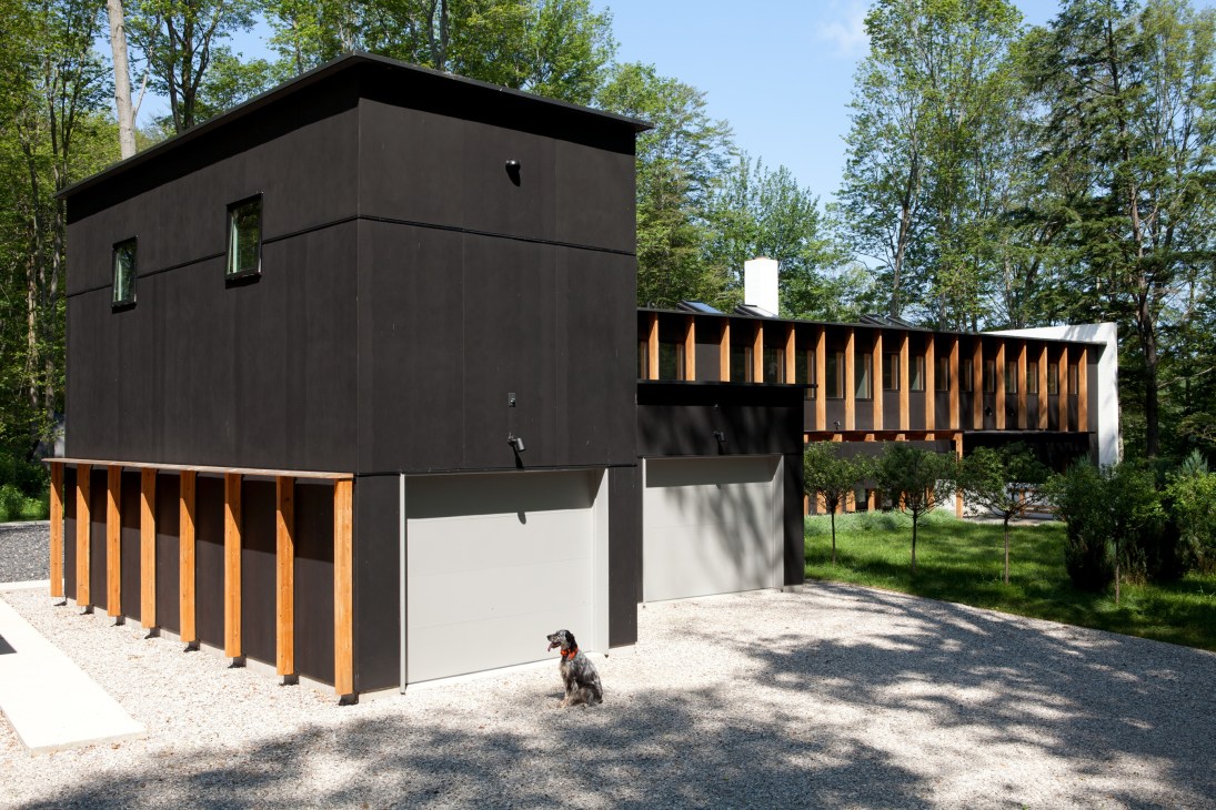 Modern black and wood outbuildings with garage doors and wooden pergola, surrounded by forest with a dog in the foreground.