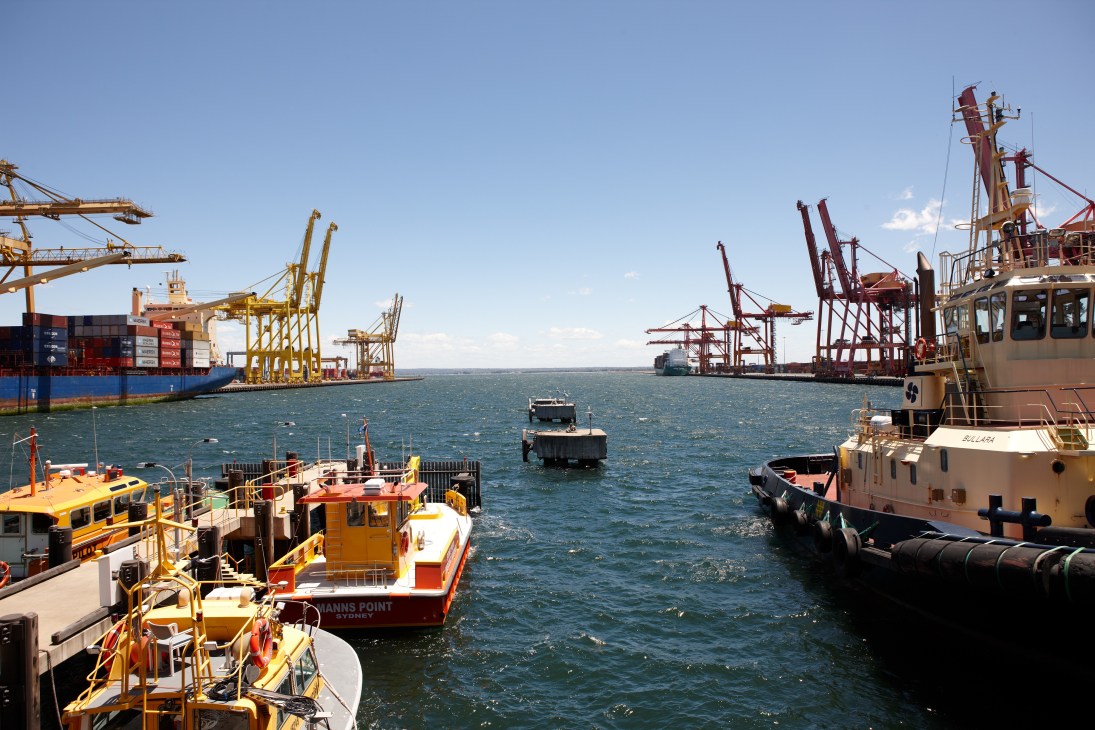Port Botany shipping terminal with cargo cranes and vessels, showing international shipping infrastructure.