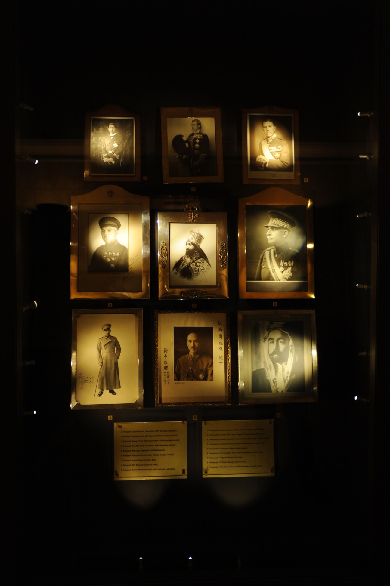 Illuminated display of framed portraits of foreign dignitaries at the Anitkabir museum