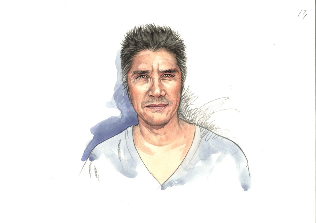 Watercolor portrait illustration of Alejandro Aravena, Chilean architect.