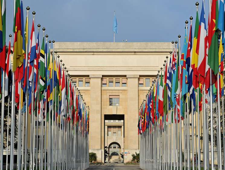The Palais des Nations in Geneva with international flags lining the entrance approach.