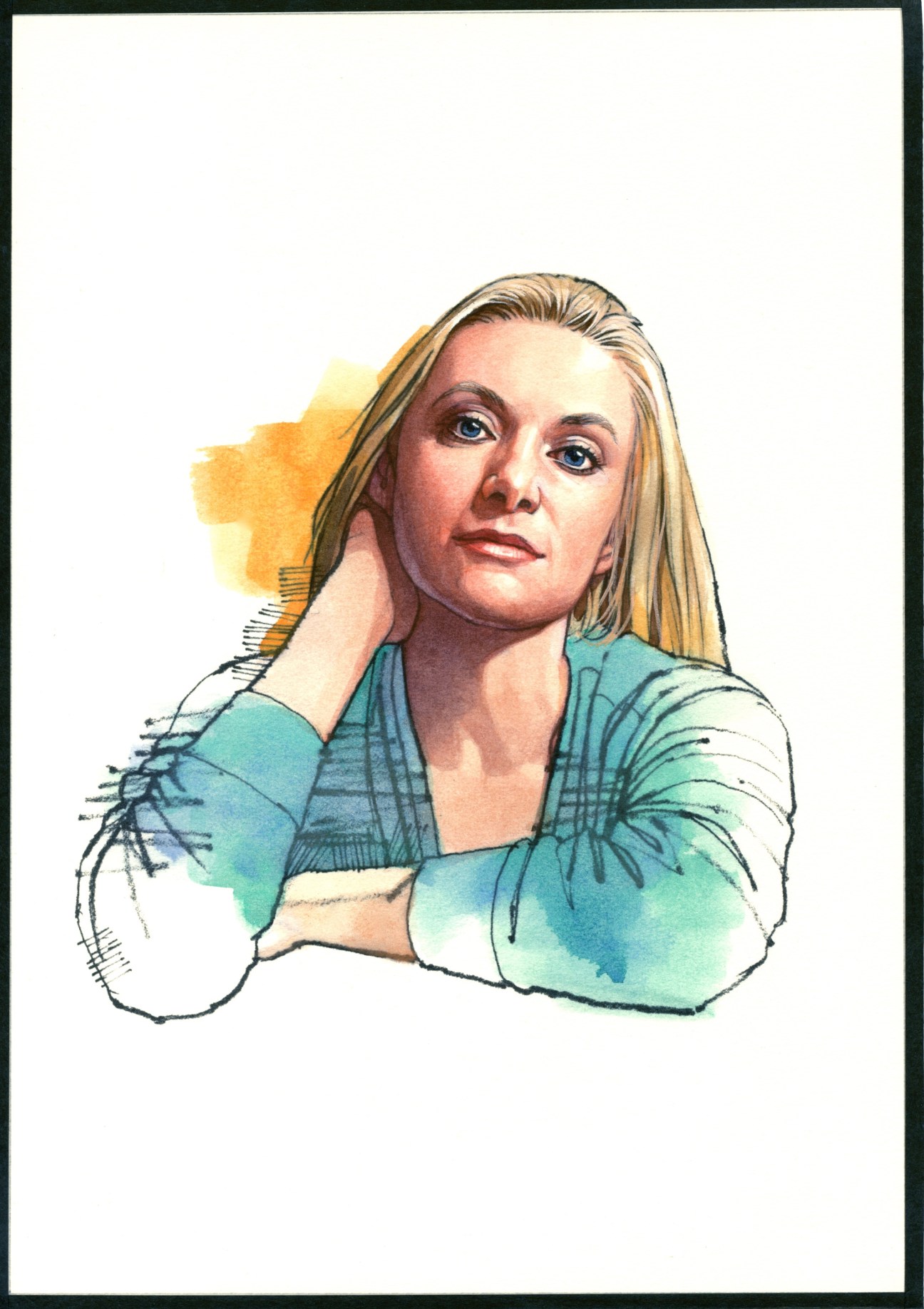 Illustration of Penny Martin, a woman with blonde hair wearing a teal shirt, against a white background with yellow and teal watercolor accents.