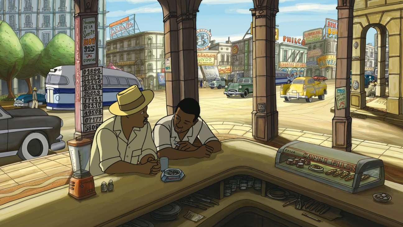 Animated scene from Chico and Rita showing two men in 1950s Havana street under colonial archway with vintage cars and storefronts.