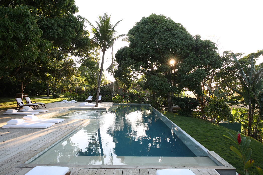 A long rectangular swimming pool surrounded by wooden decking, lounge chairs, and lush tropical vegetation at sunset.