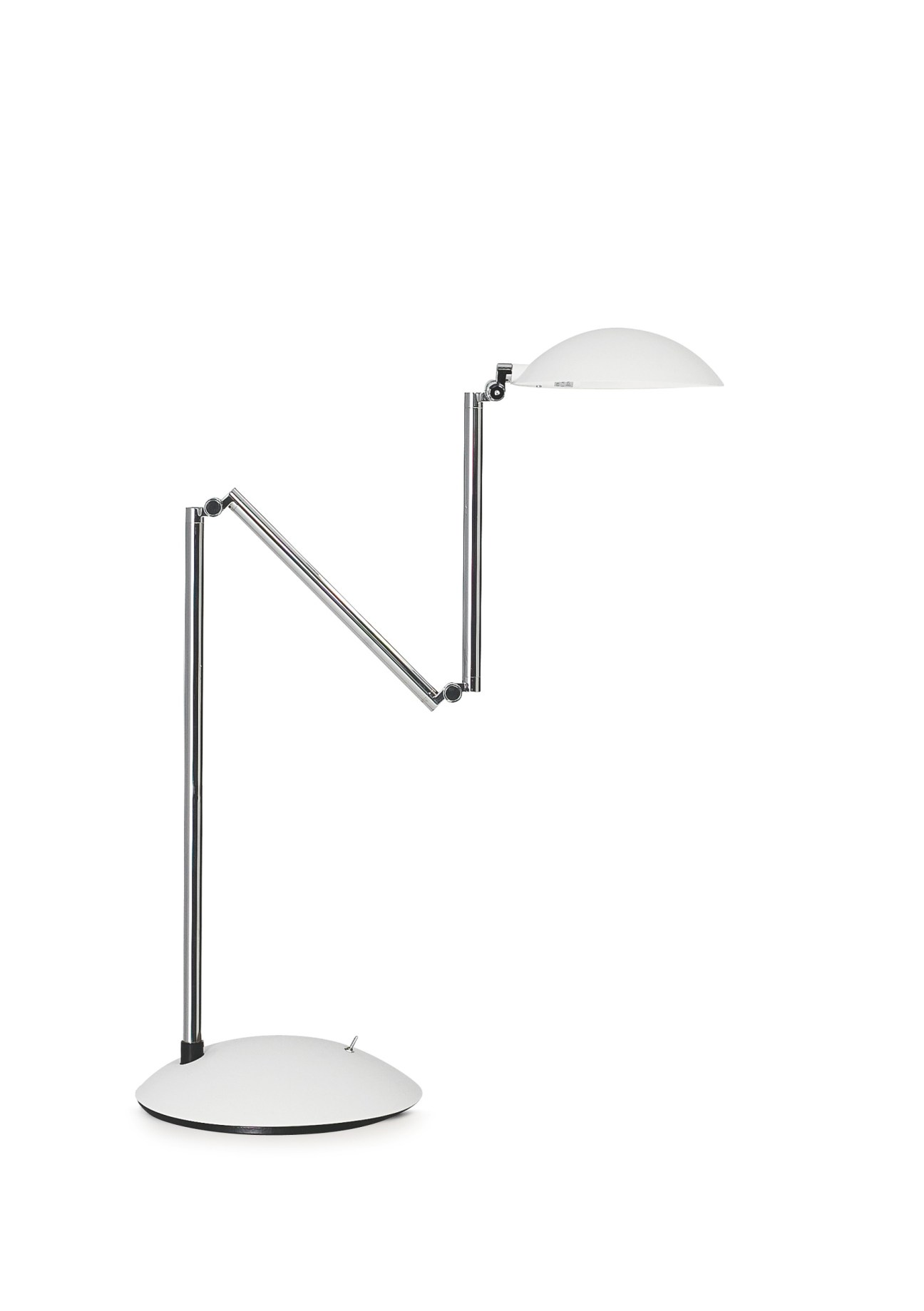 Adjustable task light with articulated metal arms and white dome shade.