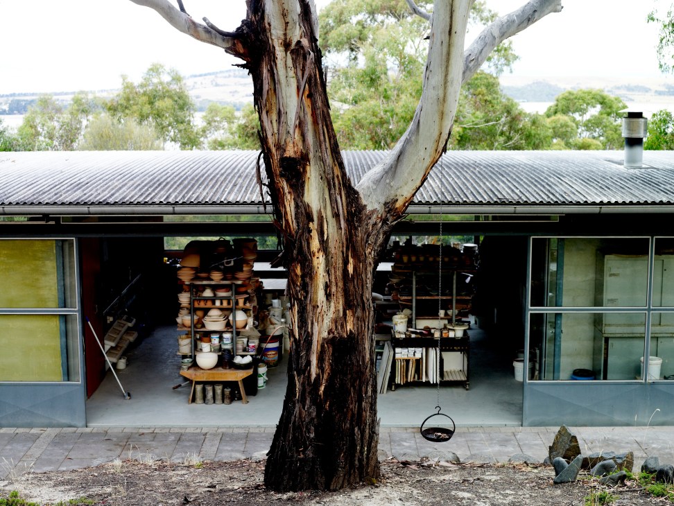 Ben Richardson's pottery workshop in Sandford with a large eucalyptus tree in front and scenic lagoon views beyond.