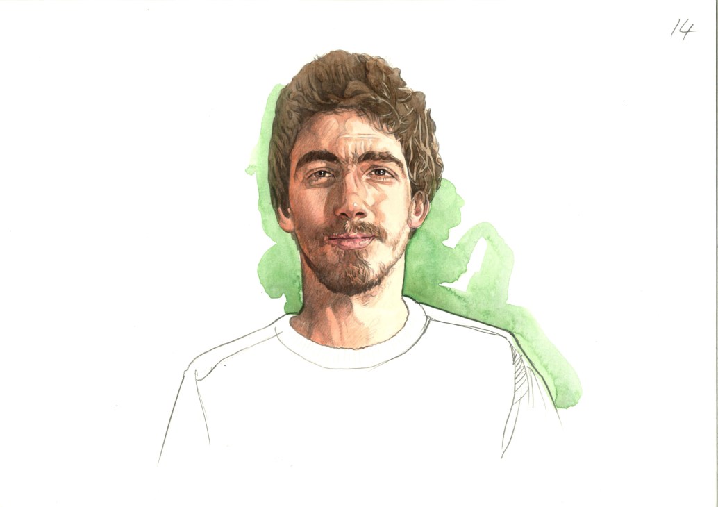 Illustration of João Fazenda, a Portuguese illustrator with brown hair and facial hair wearing a white t-shirt with green watercolor elements.