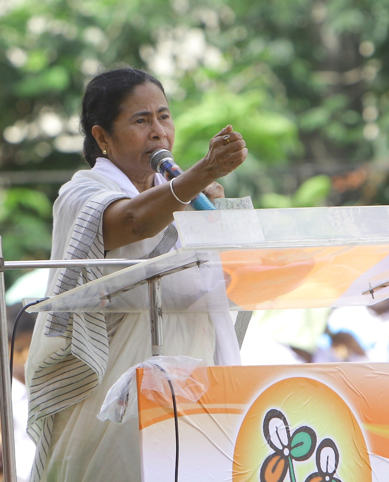Mamata Banerjee speaking at a podium with microphone, gesturing while addressing an audience outdoors.