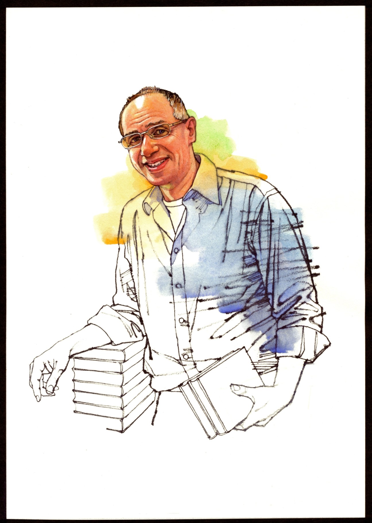 Illustration of Samuel Seibal, a smiling man with glasses holding stacked books, wearing a light blue shirt with yellow and blue watercolor wash effects.