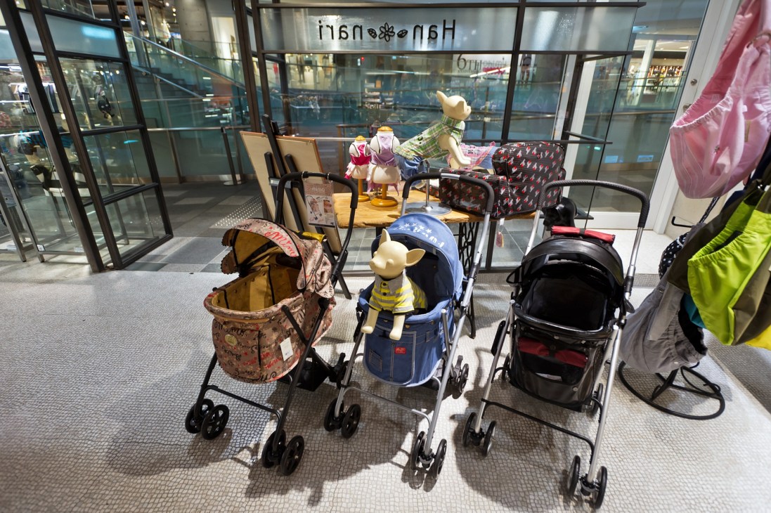 Dog strollers displayed at Tsunayoshi no Yu dog spa in Tokyo, with mannequins dressed in colorful outfits inside the buggies.
