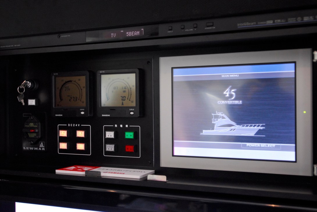 Control panel of the Yamaha Exult 45 with digital displays and gauges.