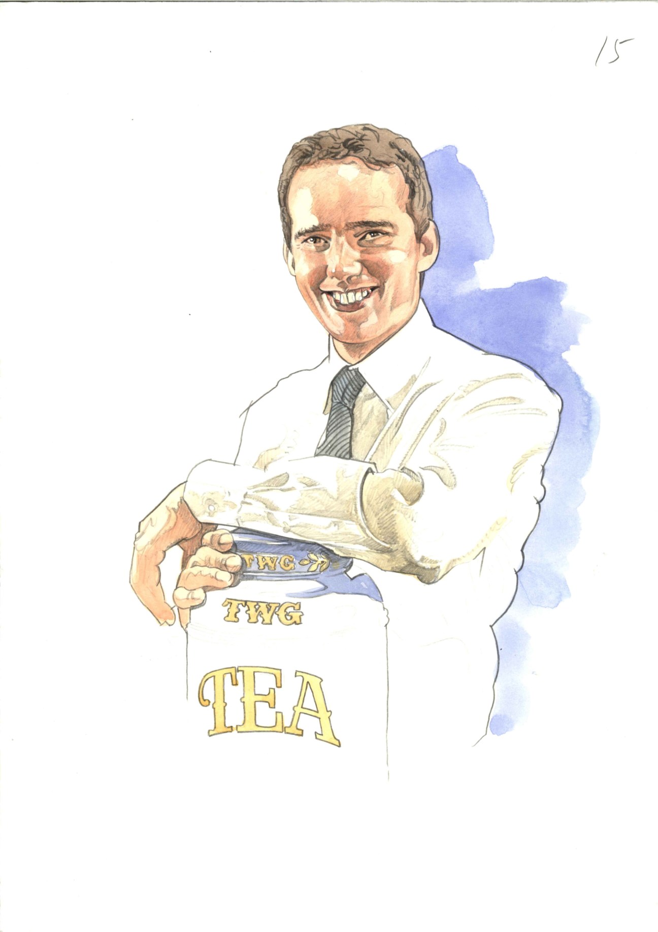 Illustration of Taha Bouqdib, tea merchant, holding TWG Tea products with a blue watercolor shadow.