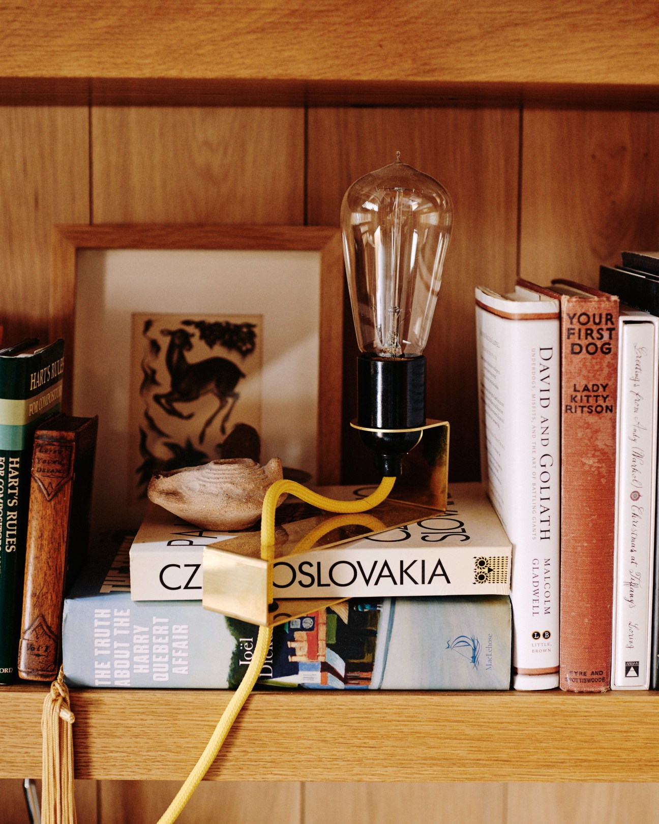 Wooden shelf with stacked books, a vintage-style Edison bulb lamp, and a yellow cord draped across.