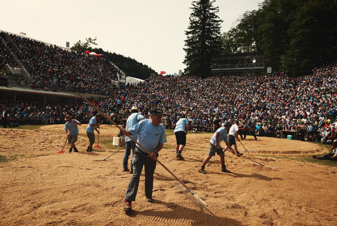 Men in light blue shirts rake sawdust on a wrestling arena with packed grandstands behind them.